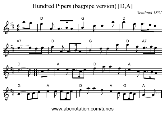 Hundred Pipers (bagpipe version) [D,A] - staff notation
