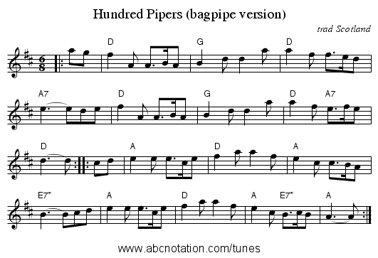 Hundred Pipers (bagpipe version) - staff notation