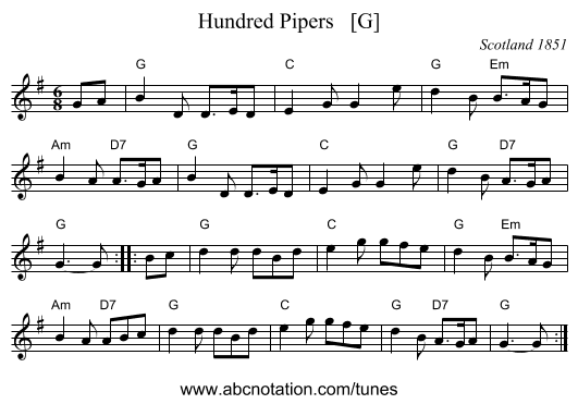 Hundred Pipers   [G] - staff notation
