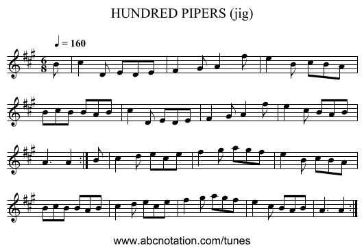HUNDRED PIPERS (jig) - staff notation