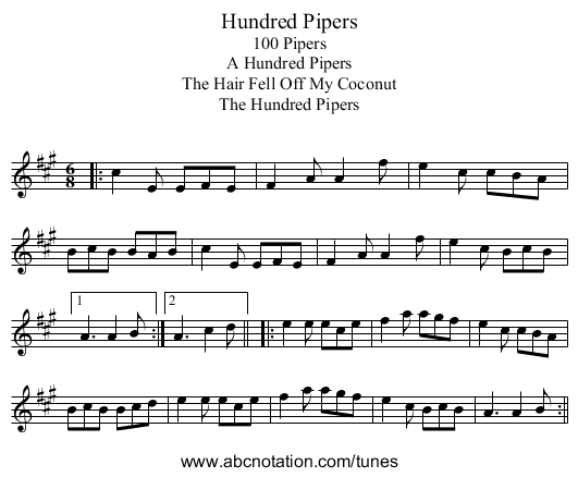 Hundred Pipers - staff notation