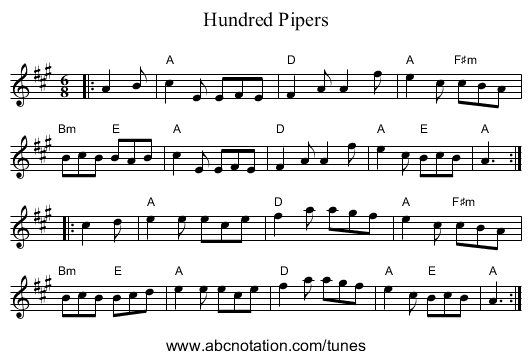 Hundred Pipers - staff notation
