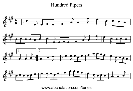 Hundred Pipers - staff notation