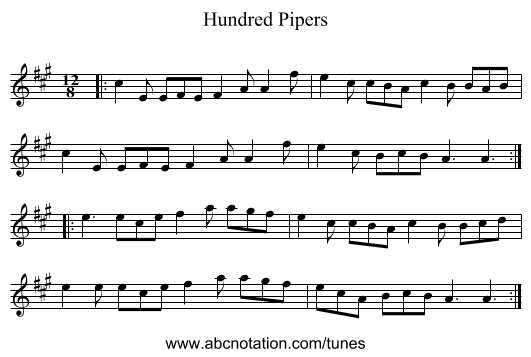 Hundred Pipers - staff notation