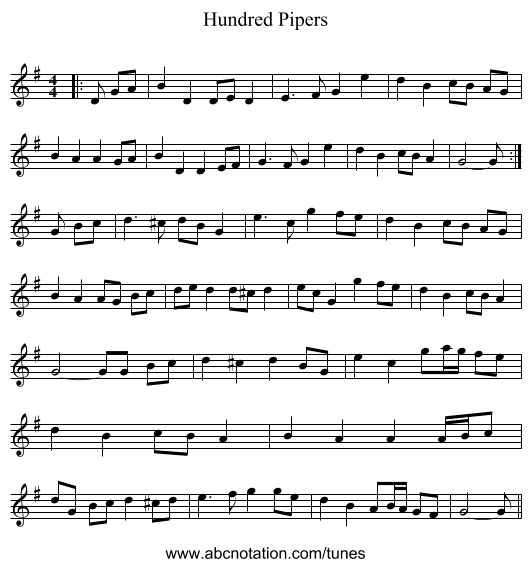 Hundred Pipers - staff notation