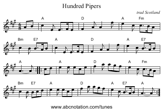 Hundred Pipers - staff notation
