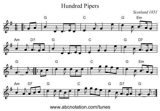 Hundred Pipers - staff notation