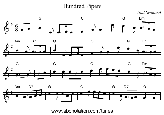 Hundred Pipers - staff notation