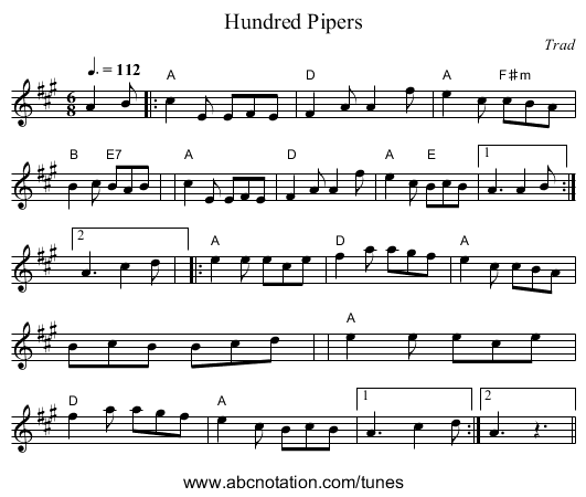 Hundred Pipers - staff notation