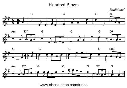 Hundred Pipers - staff notation