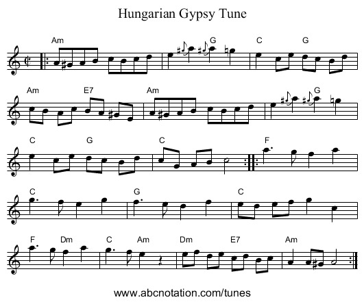 Hungarian Gypsy Tune - staff notation