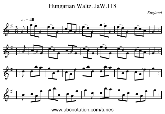 Hungarian Waltz. JaW.118 - staff notation