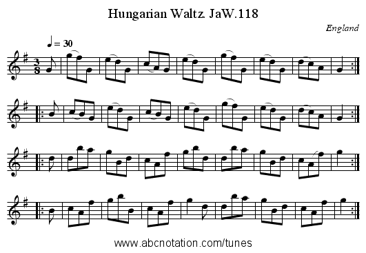 Hungarian Waltz. JaW.118 - staff notation