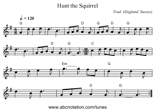 Hunt the Squirrel - staff notation
