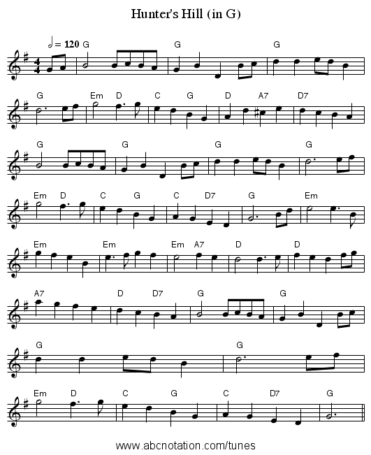 Hunter's Hill (in G) - staff notation