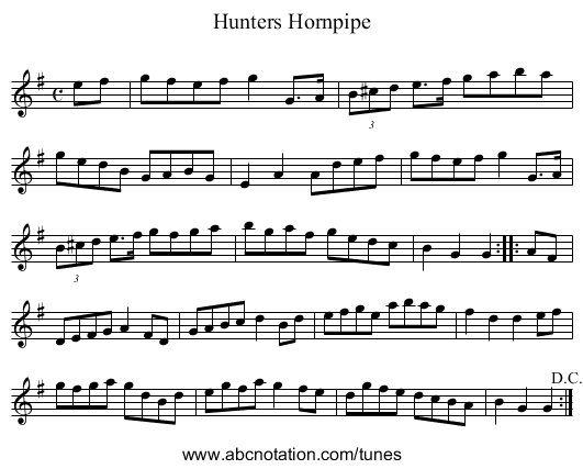 Hunters Hornpipe - staff notation