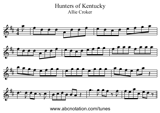 Hunters of Kentucky - staff notation
