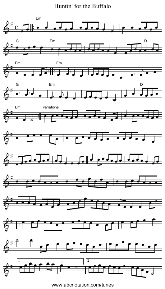 Huntin' for the Buffalo - staff notation
