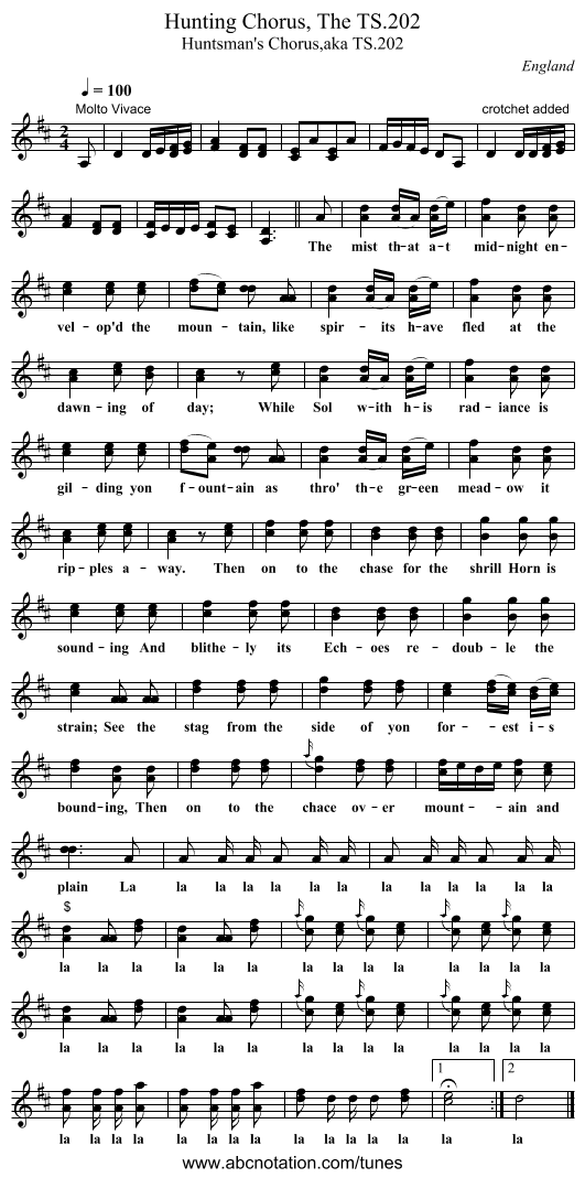 Hunting Chorus, The TS.202 - staff notation