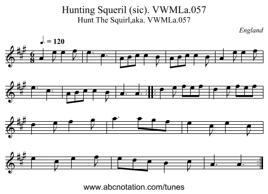 Hunting Squeril (sic). VWMLa.057 - staff notation