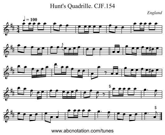 Hunt's Quadrille. CJF.154 - staff notation