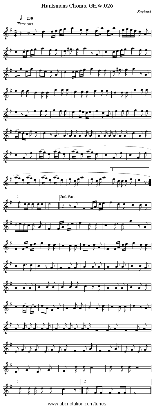 Huntsmans Chorus. GHW.026 - staff notation