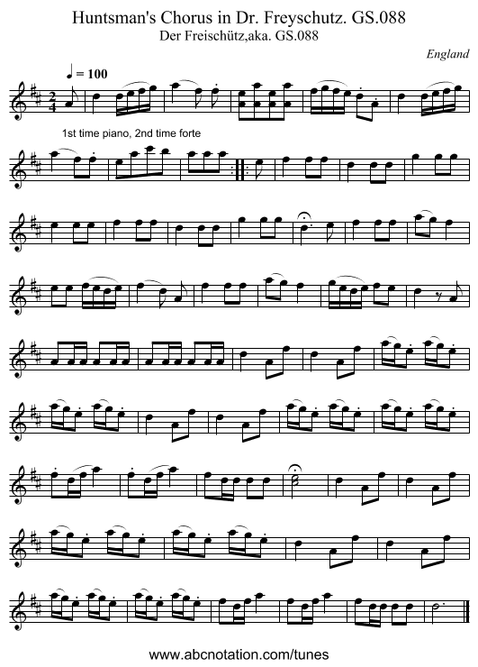 Huntsman's Chorus in Dr. Freyschutz. GS.088 - staff notation