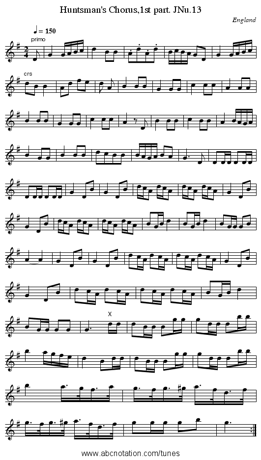 Huntsman's Chorus,1st part. JNu.13 - staff notation