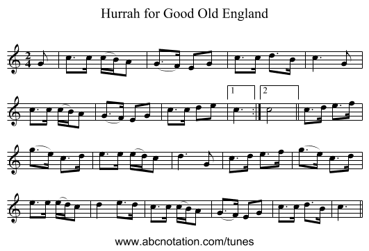 Hurrah for Good Old England - staff notation