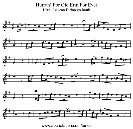 Hurrah! For Old Erin For Ever - staff notation