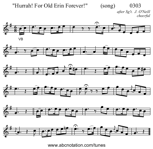Hurrah! For Old Erin Forever!         (song)          0303 - staff notation