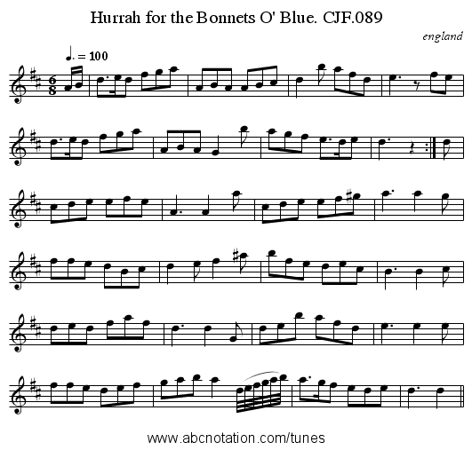 Hurrah for the Bonnets O' Blue. CJF.089 - staff notation