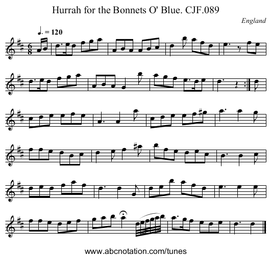 Hurrah for the Bonnets O' Blue. CJF.089 - staff notation