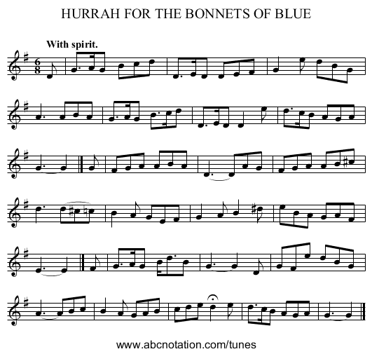 HURRAH FOR THE BONNETS OF BLUE - staff notation