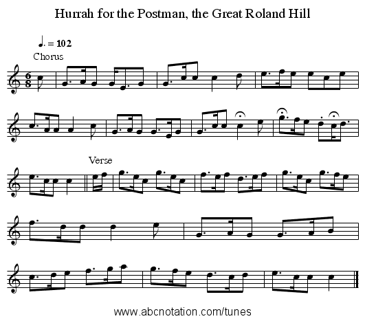 Hurrah for the Postman, the Great Roland Hill - staff notation