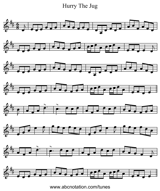 Hurry The Jug - staff notation