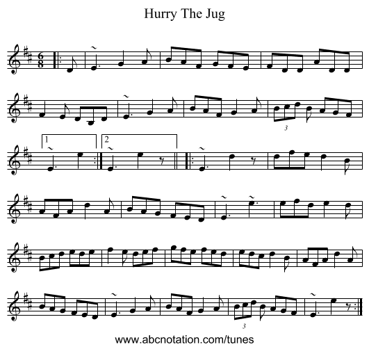 Hurry The Jug - staff notation