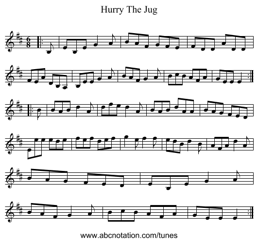 Hurry The Jug - staff notation