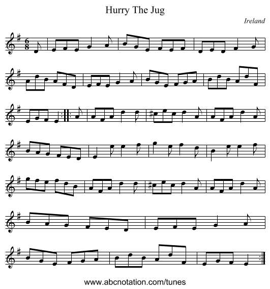 Hurry The Jug - staff notation