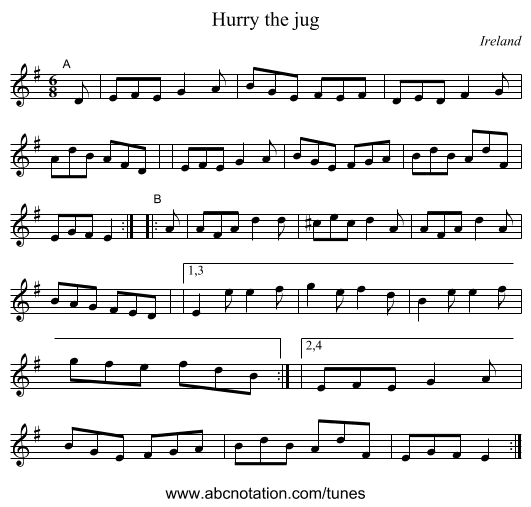 Hurry the jug - staff notation