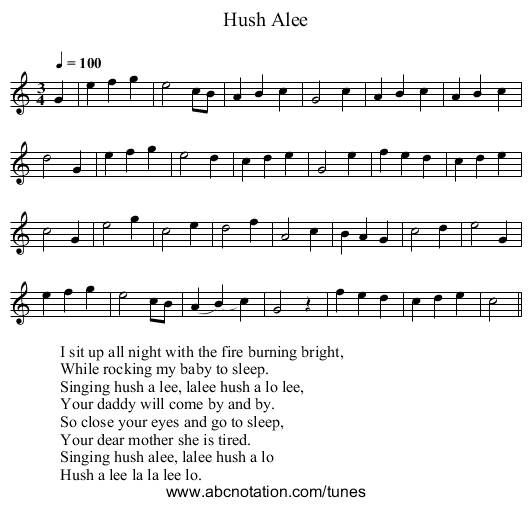 Hush Alee - staff notation