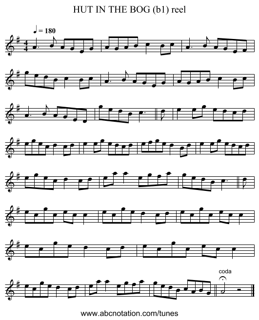 HUT IN THE BOG (b1) reel - staff notation
