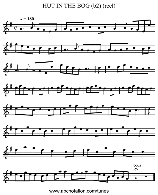 HUT IN THE BOG (b2) (reel) - staff notation