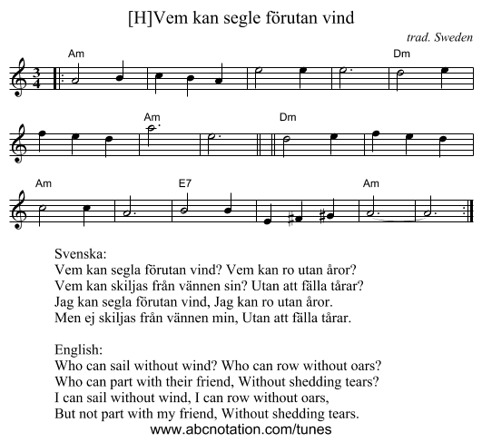 [H]Vem kan segle f&ouml;rutan vind - staff notation