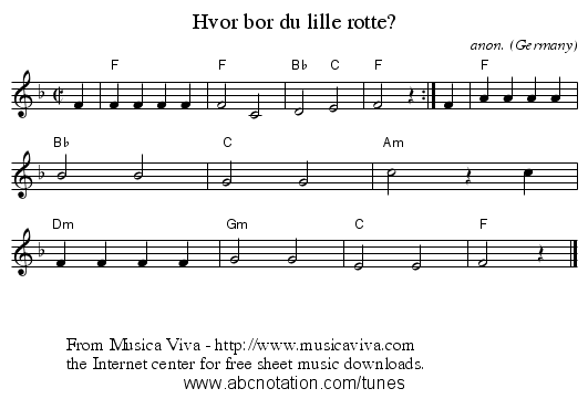 Hvor bor du lille rotte? - staff notation