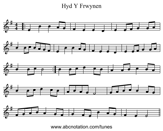 Hyd Y Frwynen - staff notation
