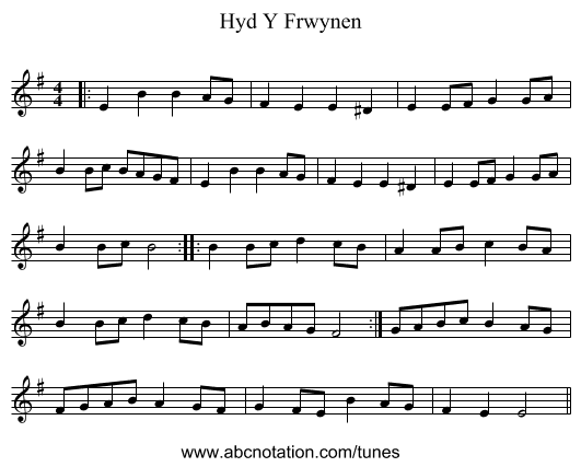 Hyd Y Frwynen - staff notation