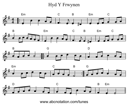 Hyd Y Frwynen - staff notation