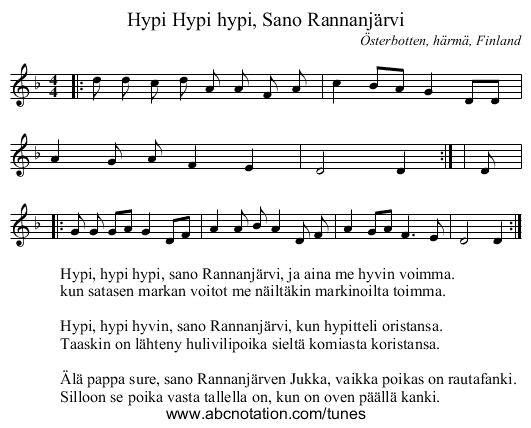 Hypi Hypi hypi, Sano Rannanjärvi - staff notation