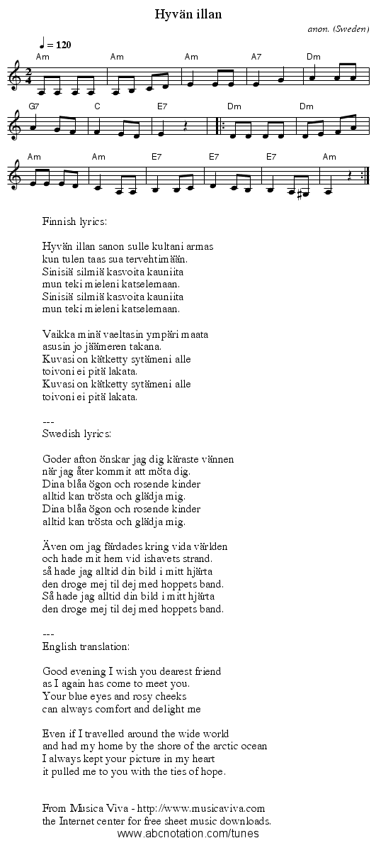 Hyvän illan - staff notation